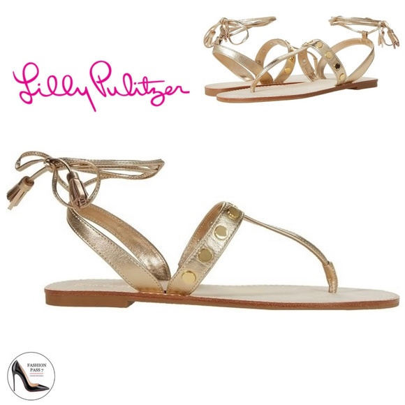 Lilly Pulitzer Womens Metallic Gold Leather Embellished Lace-Up Flat Sandals 8.5 - Picture 1 of 10